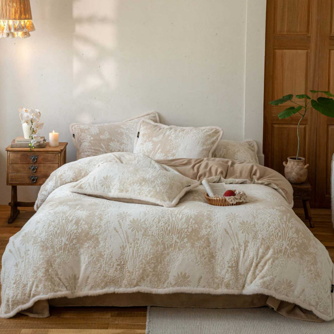 Reversible Plush Sherpa Comforter Set with Embossed Floral Jacquard and Microfiber Fill