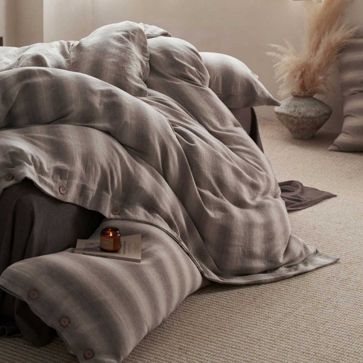 Linen-Feel Washed Cotton Stripe Duvet Cover Set with Button Closure & Pillow Shams