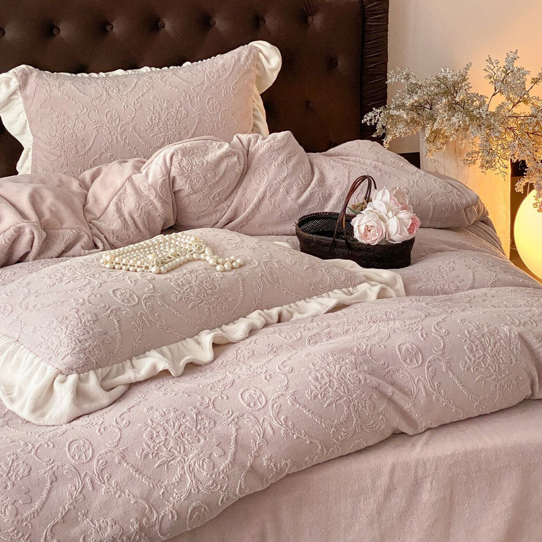 Embossed Floral Jacquard Duvet Cover Set with Ruffled Pillow Shams