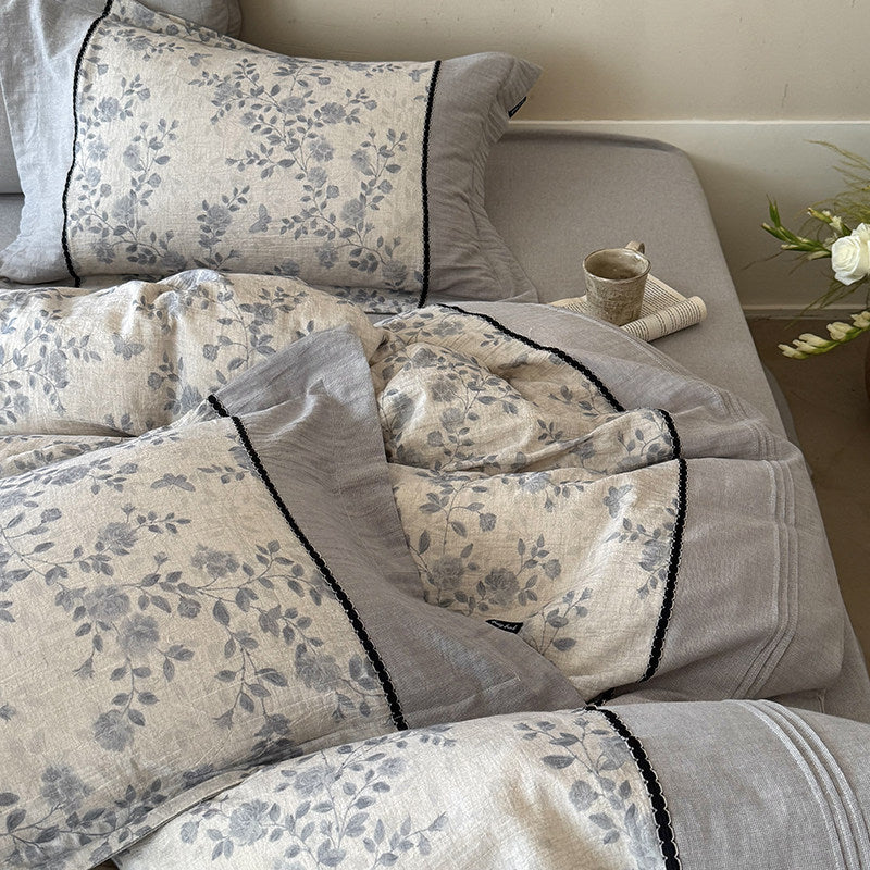 Floral Linen Duvet Cover Set with Decorative Lace Trim