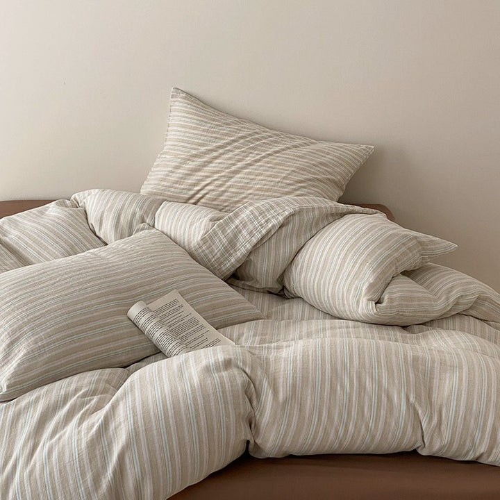 Striped Washed Linen-Cotton Duvet Cover Set with Reversible Bedskirt and Pillow Shams