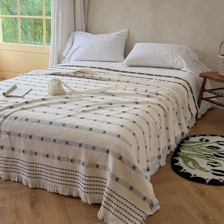 Oversized Woven Cotton Bedspread Throw with Fringe