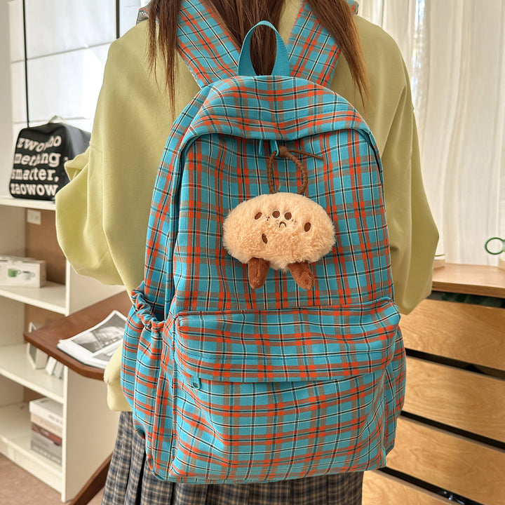 Backpack with Practical Check Pattern and Cute Plush Pendant Stornfield