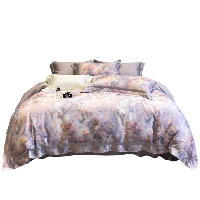 Satin-Feel Watercolor Floral Duvet Cover Set with Pillow Shams