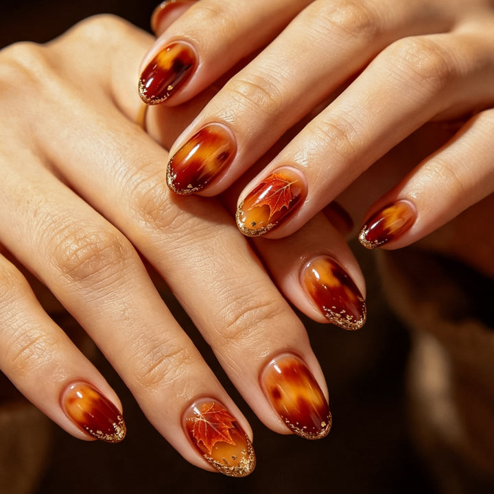 Artistic Press-On Nail Set with Autumn Leaf Design Stornfield