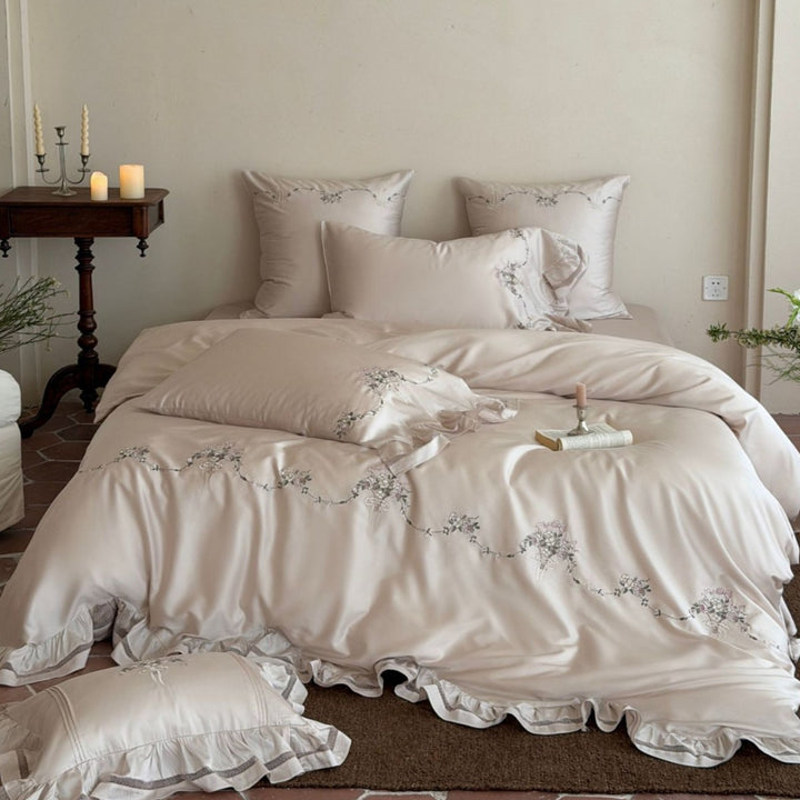 Embroidered Ruffled Satin Duvet Cover and Pillow Sham Set