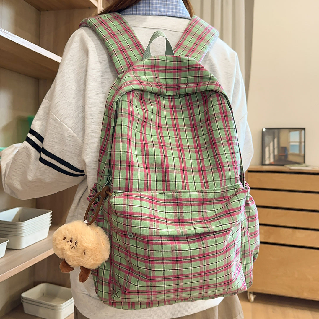 Backpack with Practical Check Pattern and Cute Plush Pendant Stornfield