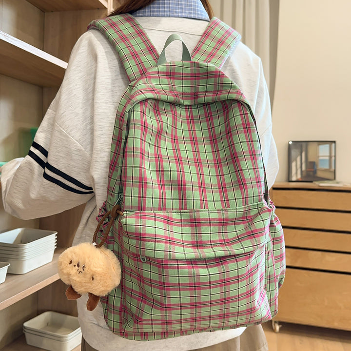 Backpack with Practical Check Pattern and Cute Plush Pendant Stornfield