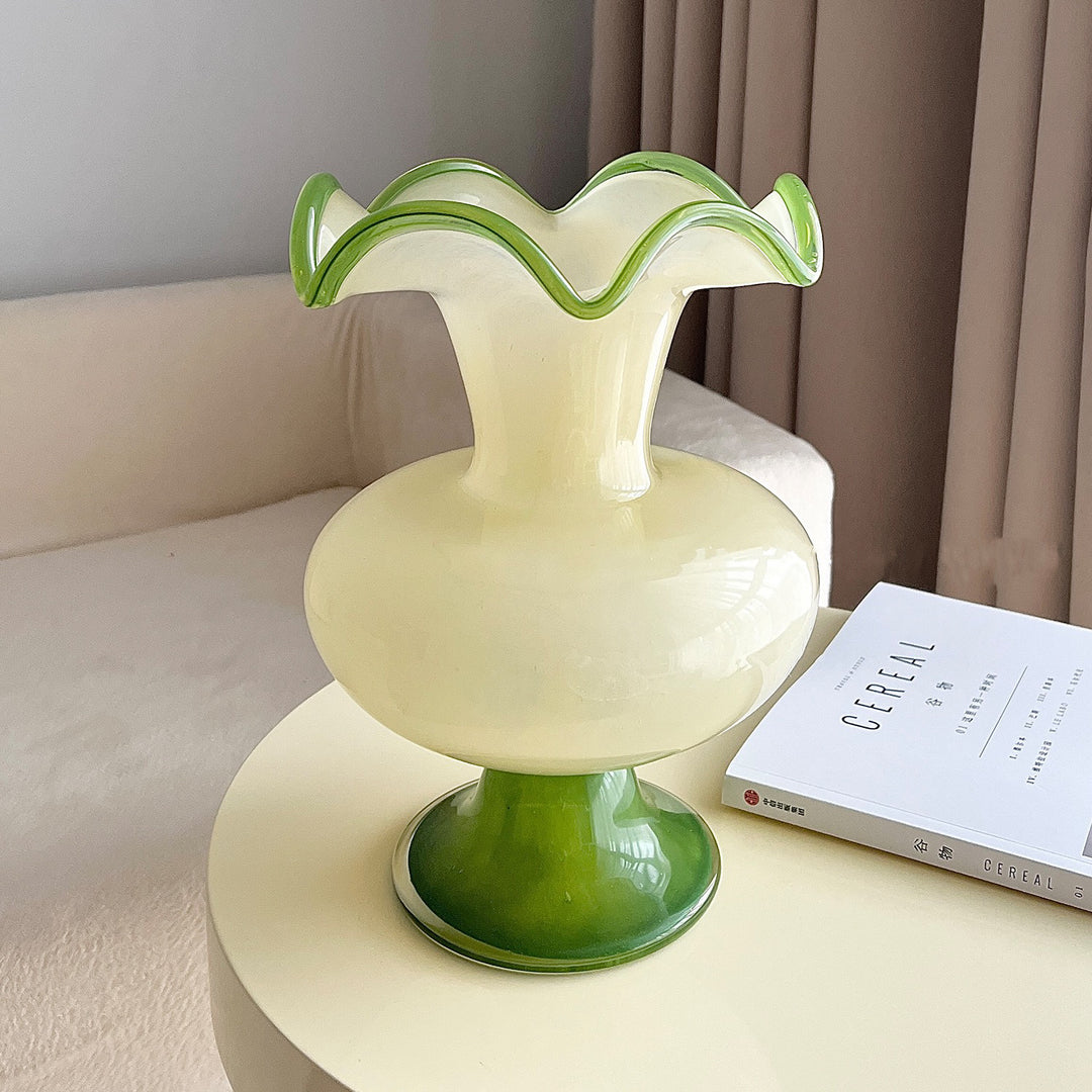 Handblown Fluted Pedestal Art Glass Trumpet Vase Stornfield