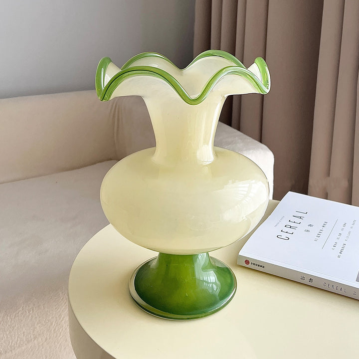 Handblown Fluted Pedestal Art Glass Trumpet Vase Stornfield