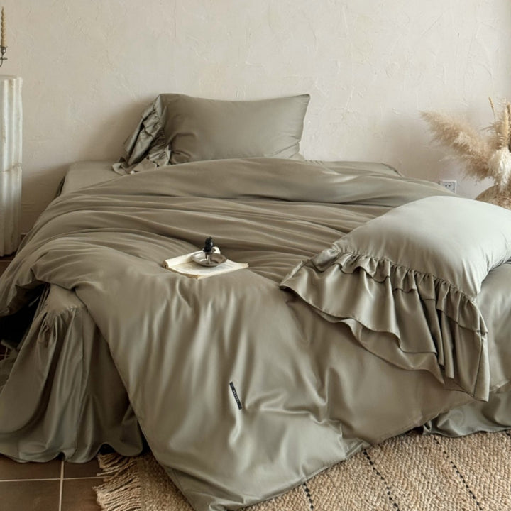 Ruffled-Edge Sateen Duvet Cover Set with Skirted Bedskirt & Decorative Pillow Shams