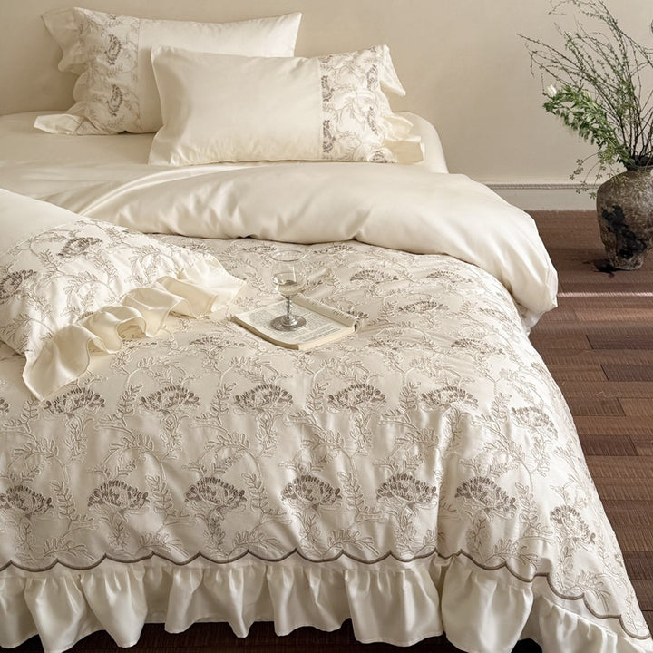 Embroidered Floral Ruffled Scalloped-Edge Duvet Cover Ensemble with Satin Trim
