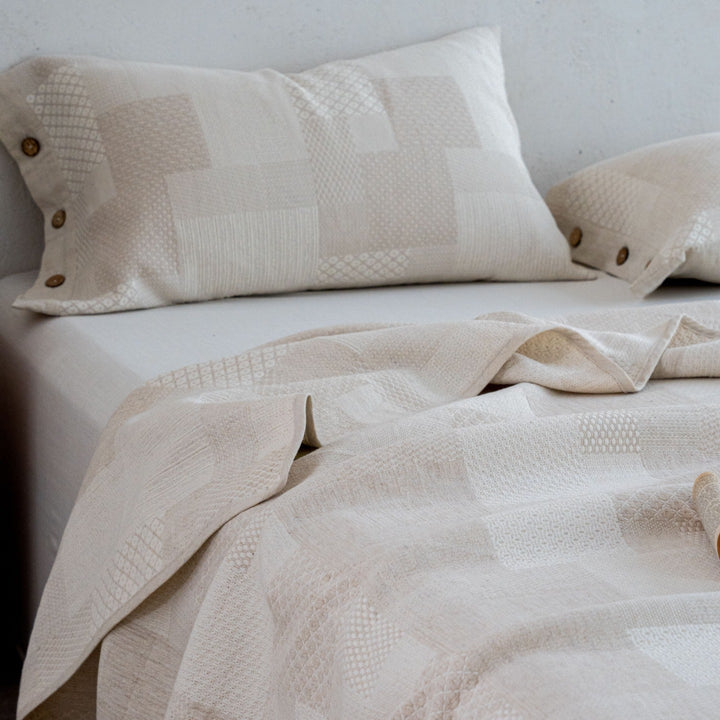 Reversible Textured Jacquard Cotton Coverlet with Button-Closure Pillowcase Set
