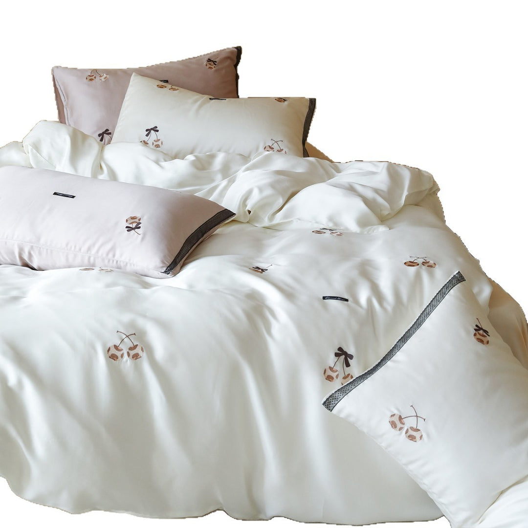Silky Sateen Duvet Cover Ensemble with Hand-Embroidered Cherry Motifs and Contrast Trim