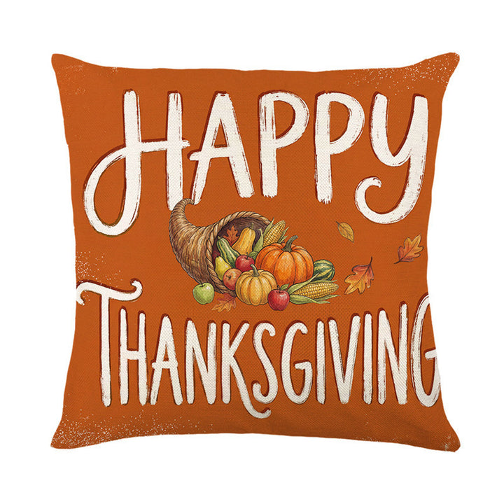 Autumn Harvest Cotton-Linen Square Throw Pillow Cover with Thanksgiving Turkey and Pumpkin Print