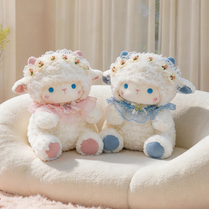 Plush Lamb Sitting Collectible with Floral Lace Headband and Decorative Ruffle Collar Stornfield