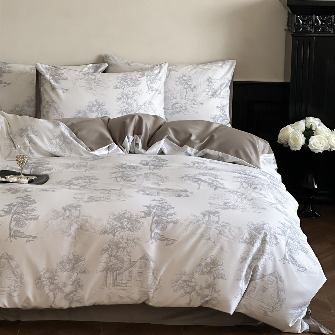 Toile-Print Cotton-Sateen Duvet Cover Set with Reversible Satin-Feel Backing