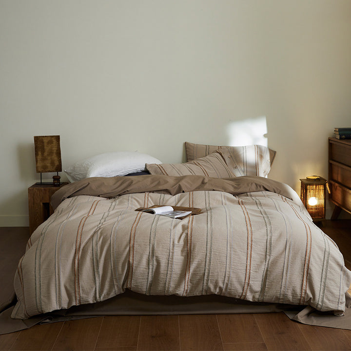 Washed Linen-Cotton Striped Duvet Cover Set with Button-Detail Pillowcases & Corner Ties