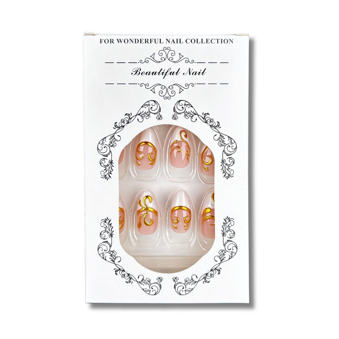Decorative Press-On Nail Set with Elegant Gold Accents