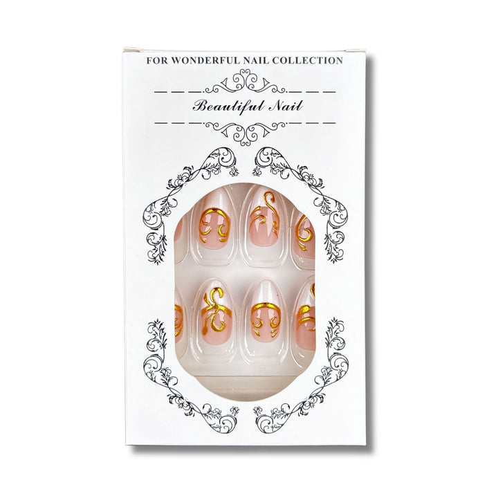 Decorative Press-On Nail Set with Elegant Gold Accents