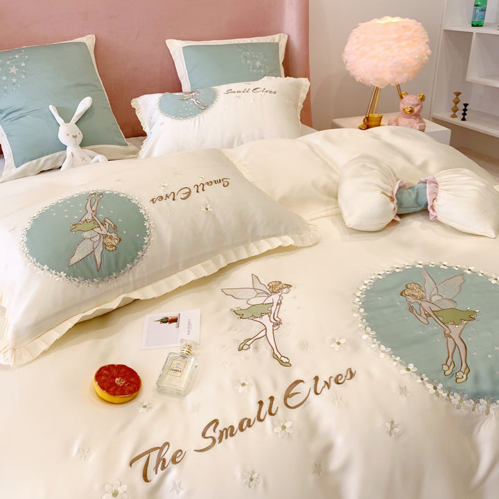 Satin bedding set with fairy embroidery, ruffled hem and decorative pillowcases