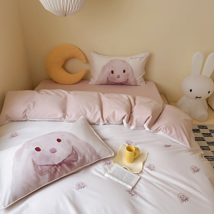 Children's bedding set with cute bear and snowman print made of soft cotton satin