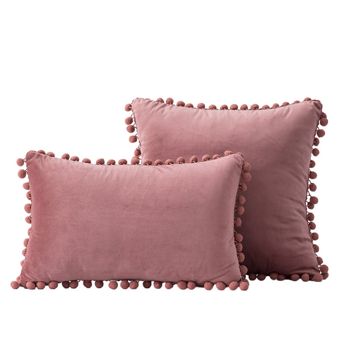 Velvet Pom-Pom Fringe Square and Lumbar Decorative Throw Pillow Set