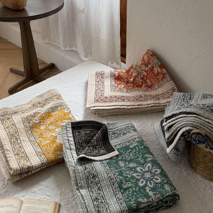 Handcrafted Floral Kantha-Style Cotton Quilt Bedspread with Matching Pillow Shams