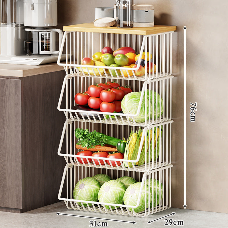 Vertical Five-Tier Rolling Kitchen Produce Storage Cart with Wooden Top and Pull-Out Wire Baskets