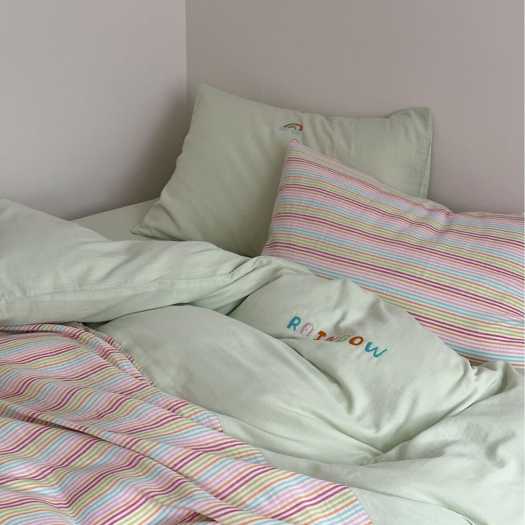 Reversible Striped Cotton Duvet Cover Set with Embroidered Rainbow Accent