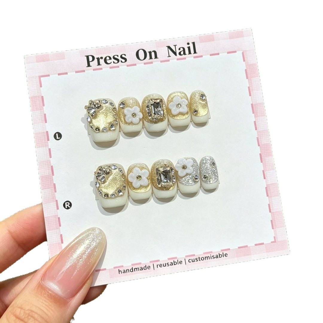 Decorative Press-On Nail Art Set with Floral Design and Gem Accents