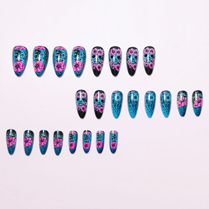 Artificial nails with Lifelike Skull Design and Floral Accents Stornfield