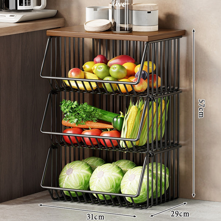 Slim Vertical Multi-Tier Fruit and Vegetable Storage Cart with Wood Top and Locking Casters