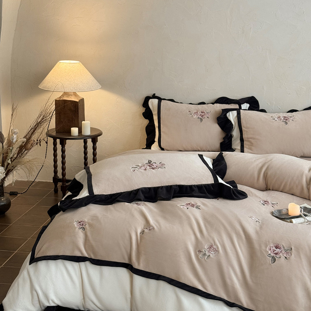 Luxury Embroidered Floral Ruffle Duvet Cover Set