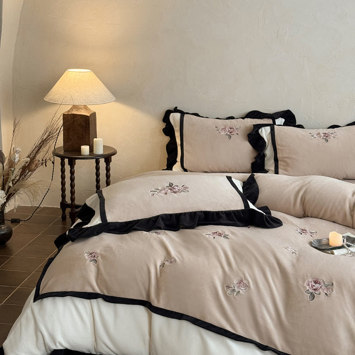 Luxury Embroidered Floral Ruffle Duvet Cover Set