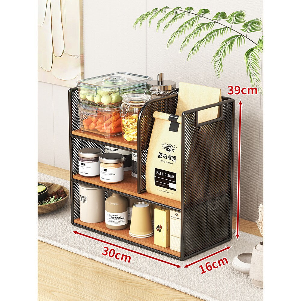Metal Mesh Countertop Pantry Organizer with Multi-Tier Shelves and Vertical Bag Compartment