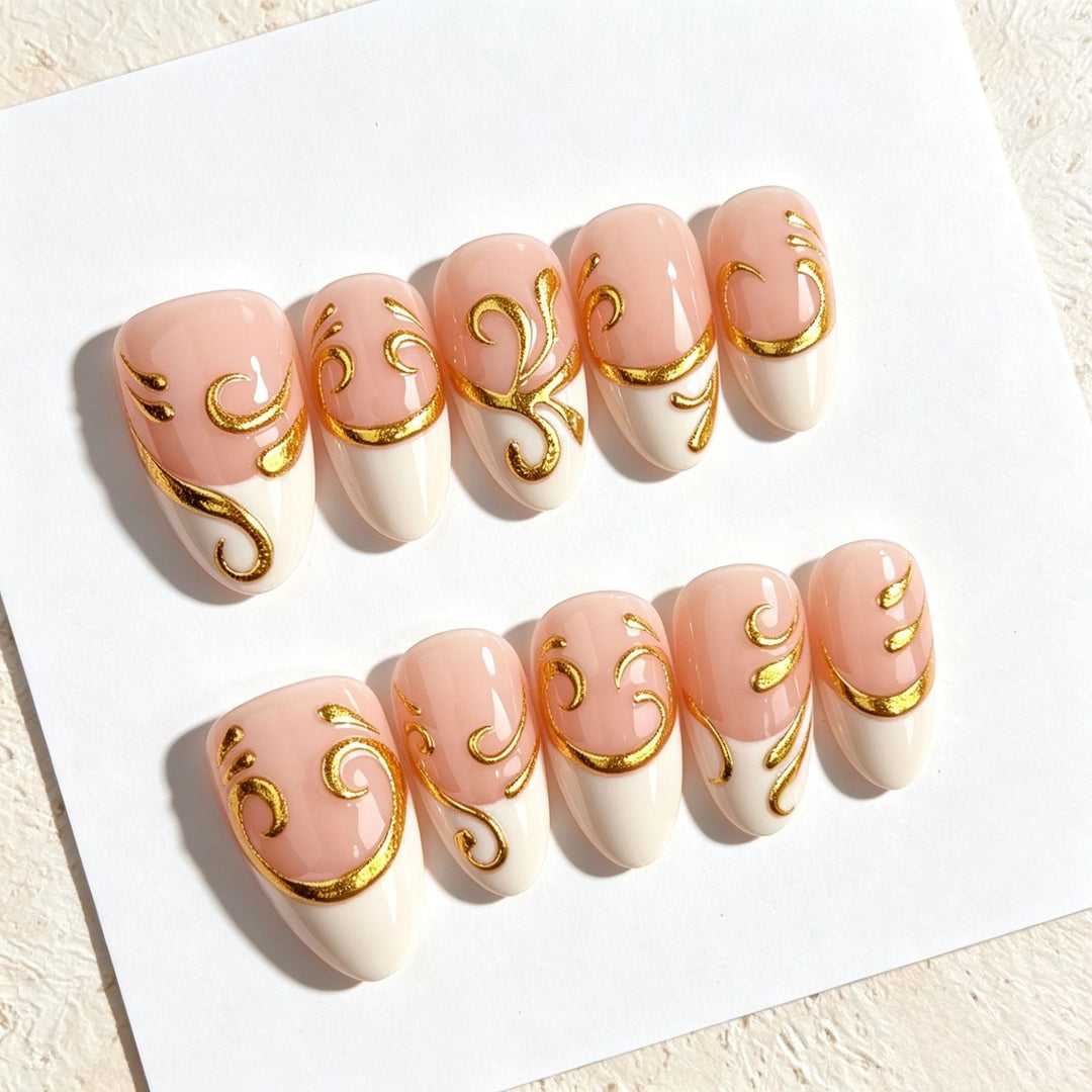 Decorative Press-On Nail Set with Elegant Gold Accents