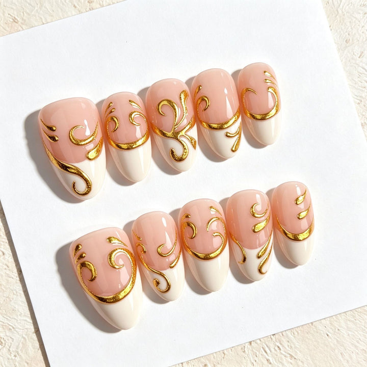 Decorative Press-On Nail Set with Elegant Gold Accents
