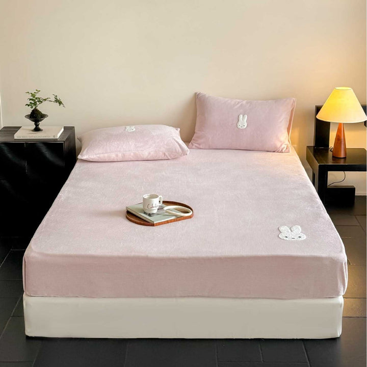 Corduroy Textured Fitted Bed Sheet and Pillowcase Set with Embroidered Panda Accents