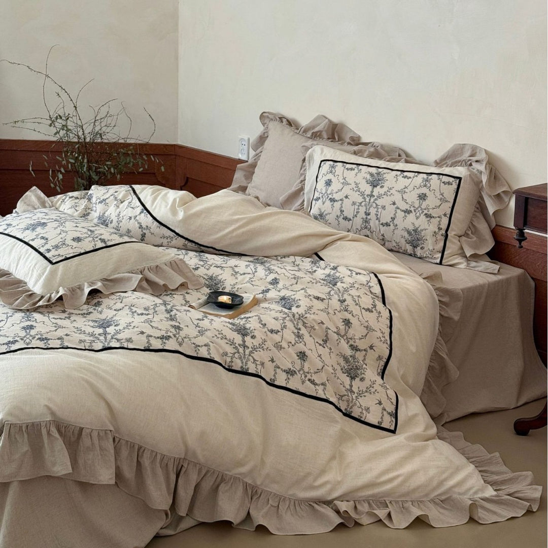 Ruffled Linen-Cotton Duvet Cover Set with Embroidered Toile Panel and Pillow Shams