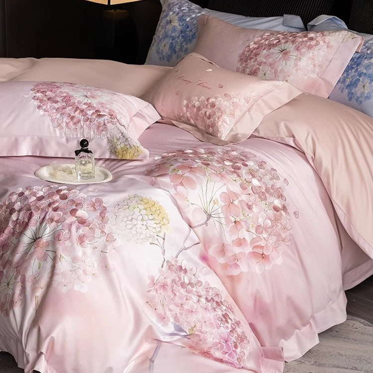 Silky Sateen Hydrangea-Print Duvet Cover Set with Reversible Back and Decorative Shams