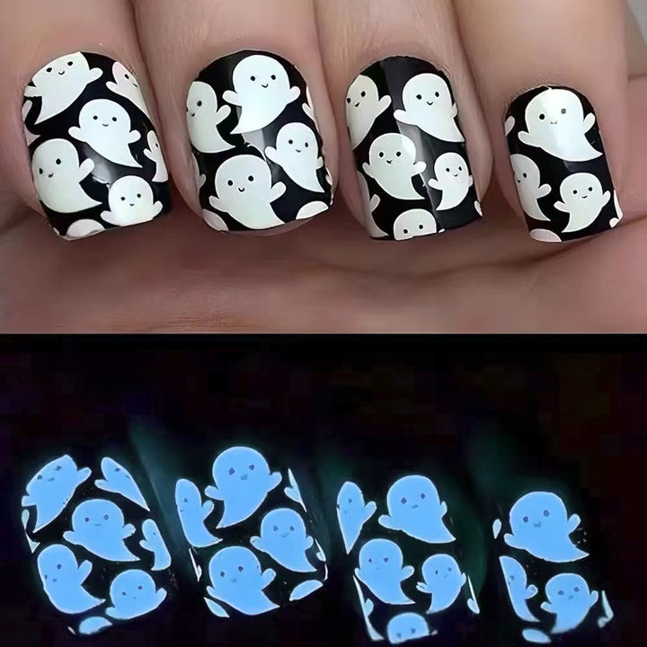 Glow-in-the-Dark Ghost-Themed Press-On Nail Art Stornfield
