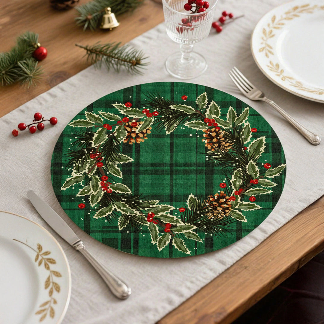Round wipeable placemat with Christmas wreath and tartan print