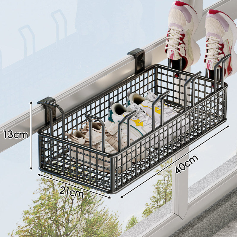 Over-Rail Balcony Shoe Drying and Storage Basket with Divided Mesh Compartments