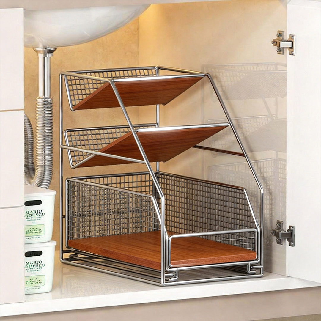 Three-Tier Vertical Mesh Pull-Out Under-Counter Storage Organizer