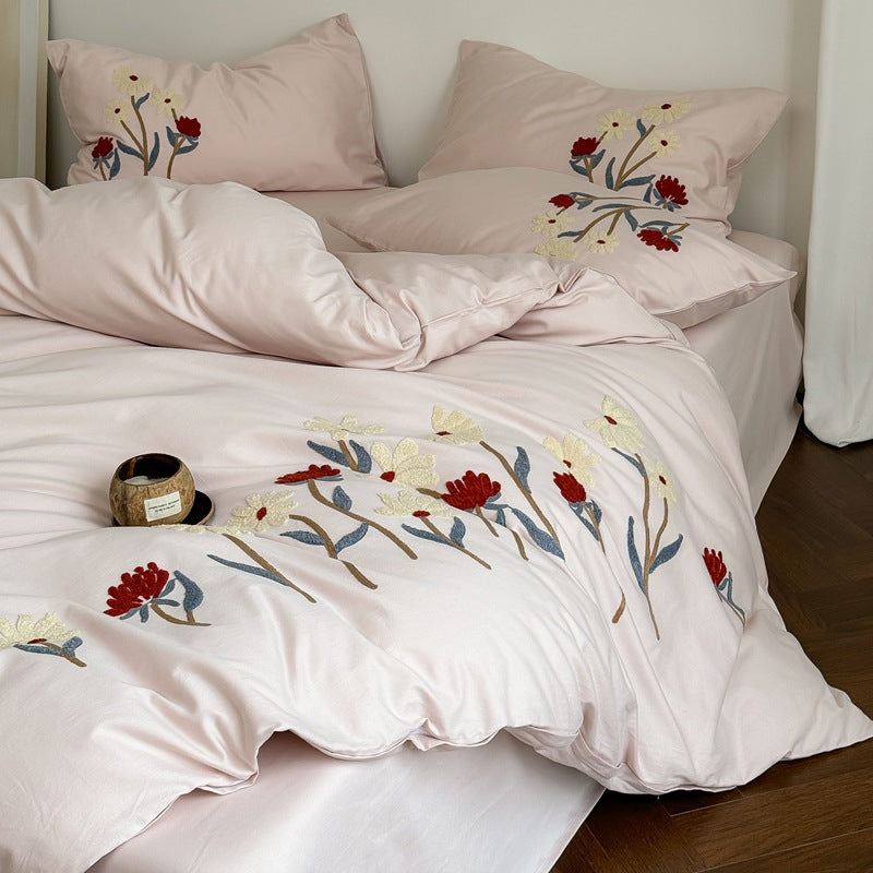 Embroidered Botanical Cotton Percale Duvet Cover Set with Appliqué Flowers and Envelope Shams