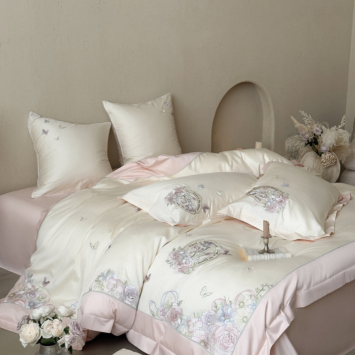 Embroidered Floral Cotton Sateen Duvet Cover Ensemble with Decorative Pillow Shams