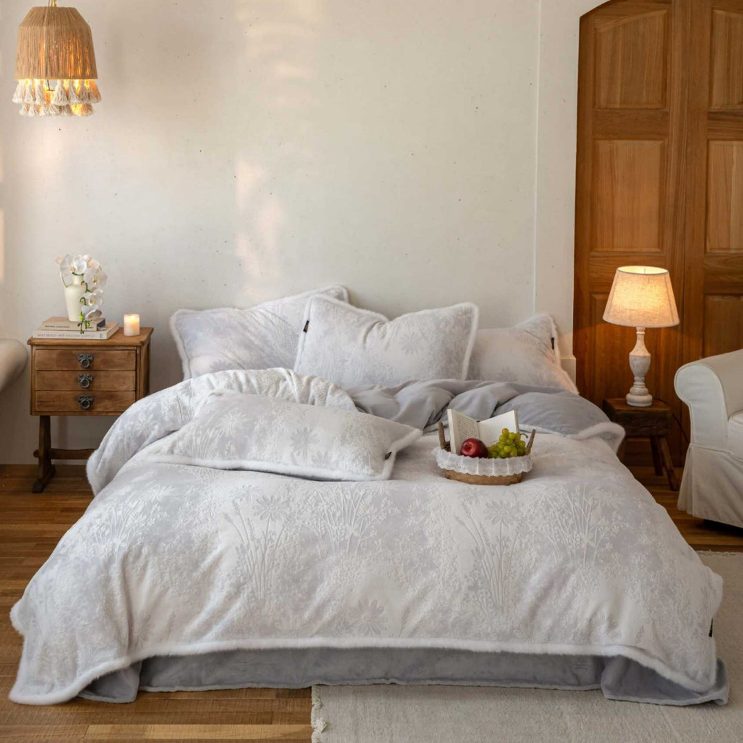 Reversible Plush Sherpa Comforter Set with Embossed Floral Jacquard and Microfiber Fill