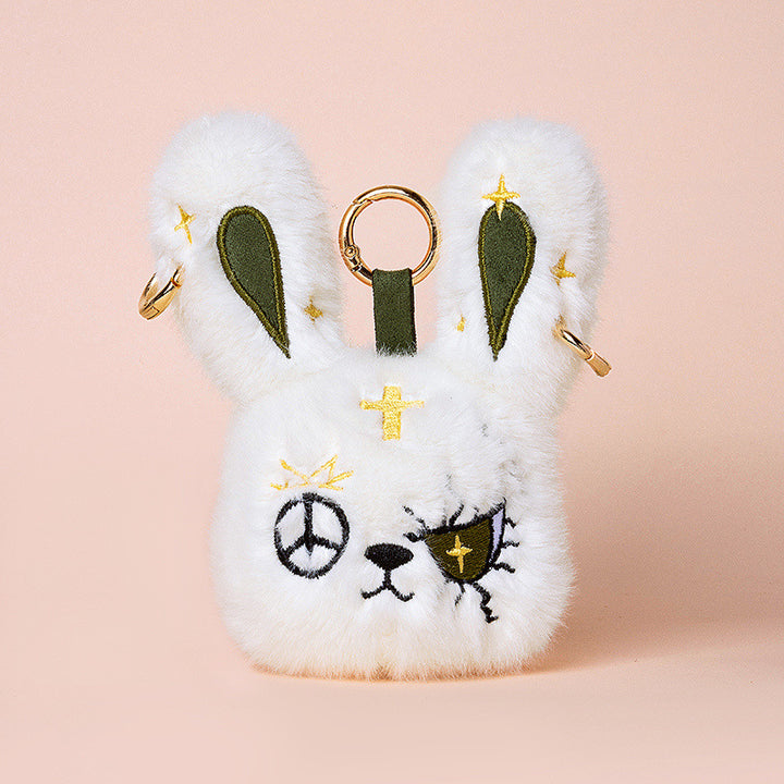 Faux-Fur Bunny Charm Key Fob with Embroidered Patchwork Face and Gold Metal Ring Stornfield