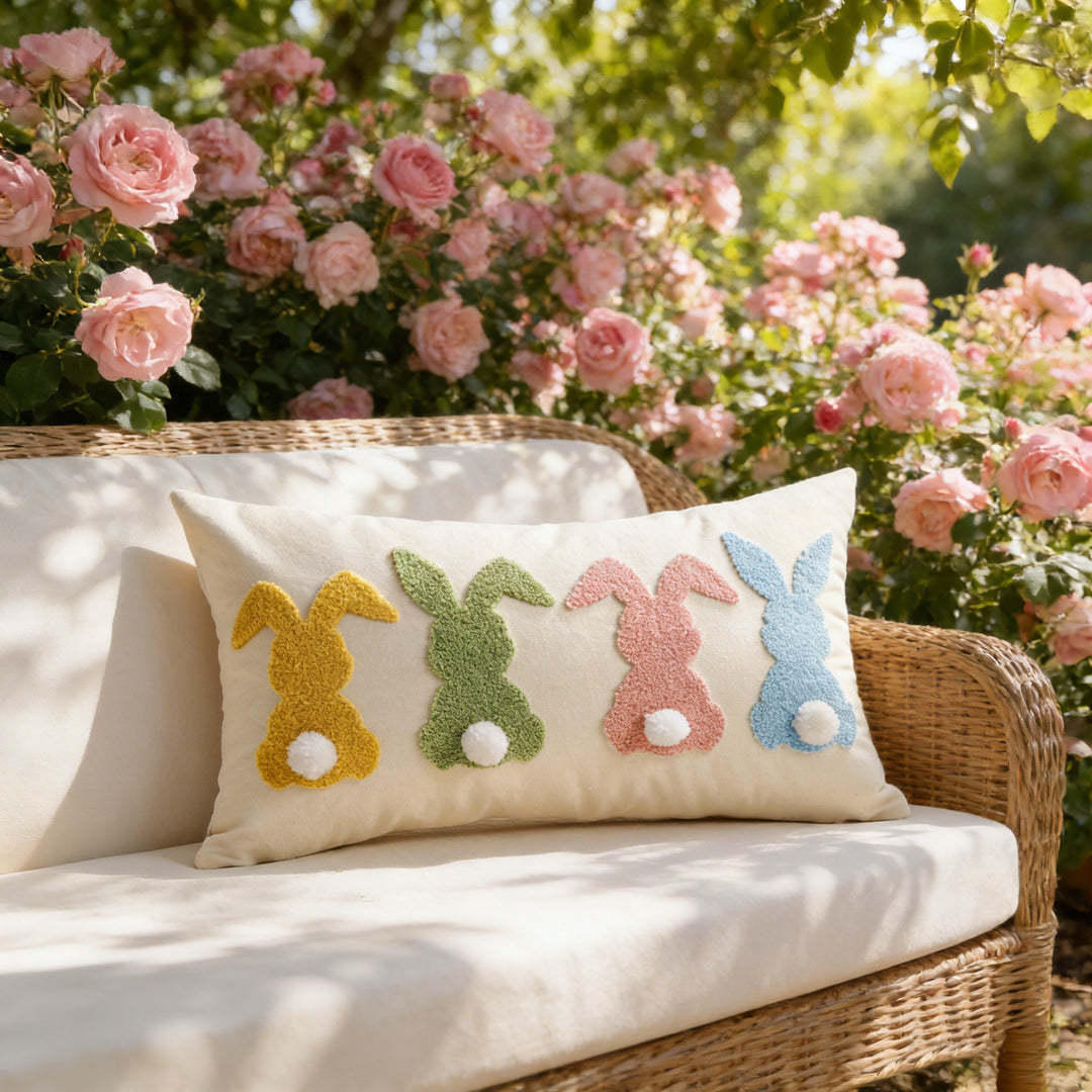 Tufted Bunny Appliqué Lumbar Throw Pillow Cover with Pom-Pom Tail
